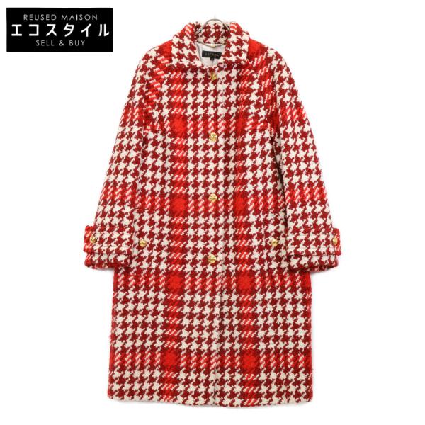 新品未使用タグ付 ESCADA エスカーダ ウールコート フリンジ 32 ESCADA（エスカーダ） 5031527 レッド×ホワイト ツイードロングコート