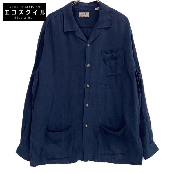 HERMES エルメス ブルー リネン100 ロングスリーブシャツジャケット 40