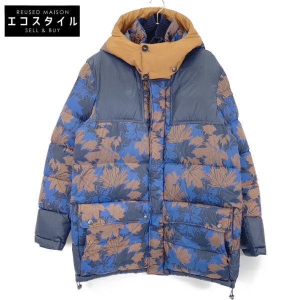 ETRO エトロ 192-1S285-5518 ブルー×ブラウン ナイロン メープルリーフプリント フーデッドダウンジャケット 3XL wine-king_7765400000126908