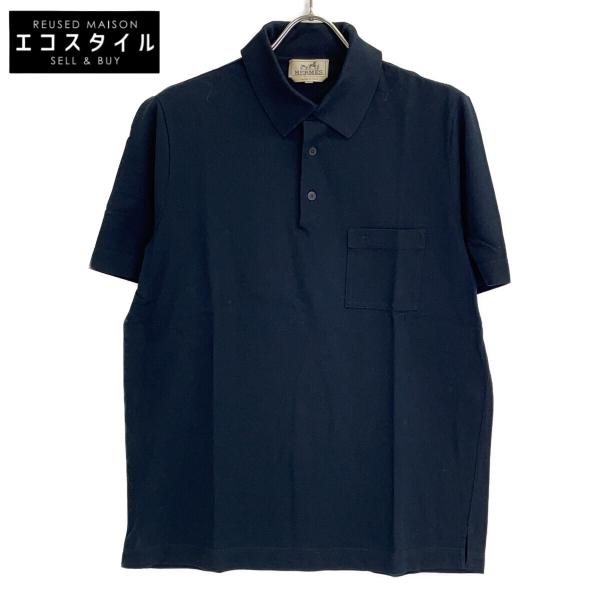 HERMES エルメス ブラック コットン H刺繍ポケット ポロシャツ L