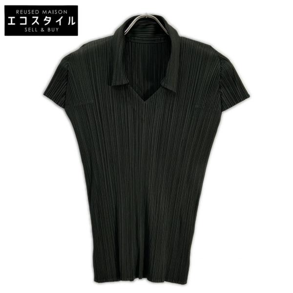美品 PLEATS PLEASE 襟あり プリーツ カットソー 半袖 ブラック PLEATS PLEASE（プリーツ プリーズ） 美品/ PP33-JK149 チャコール 襟
