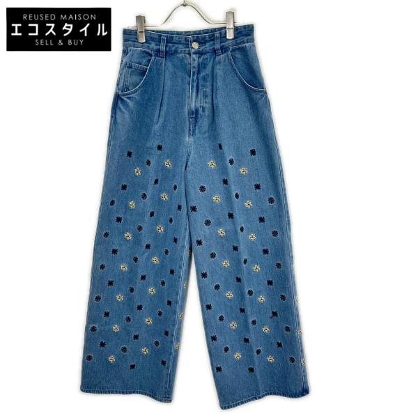 MACPHEE マカフィー 25年製 ブルー コットン ボタニカル エンブロイダリーデニム タックワイドパンツ ブルー 32 トップス コットン レディース 中古