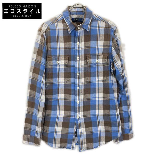 POLObyRalphLauren ポロラルフローレン ブルー×ブラウン チェック 長袖ネルシャツ ブルー グレー ホワイト チェック M トップス コットン メンズ 中古