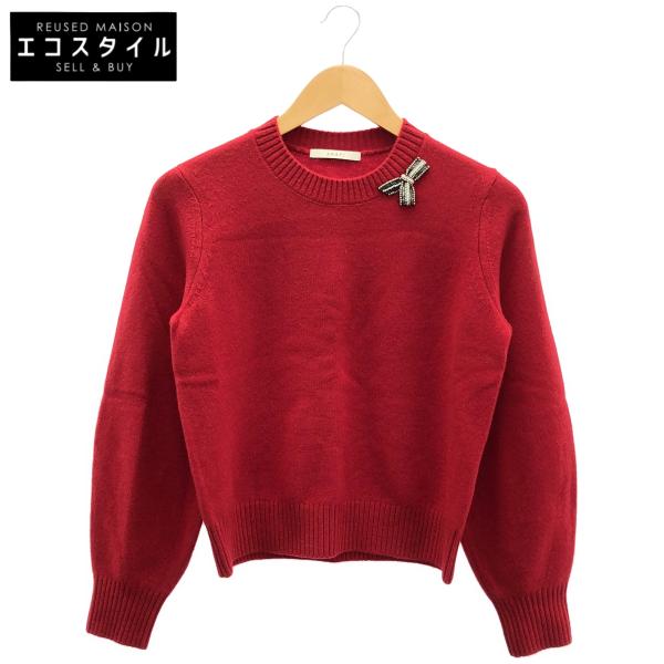 ANAYI アナイ 10231816130 レッド ウール×カシミヤ ビジューリボン ニットプルオーバー 38 トップス レディース 中古