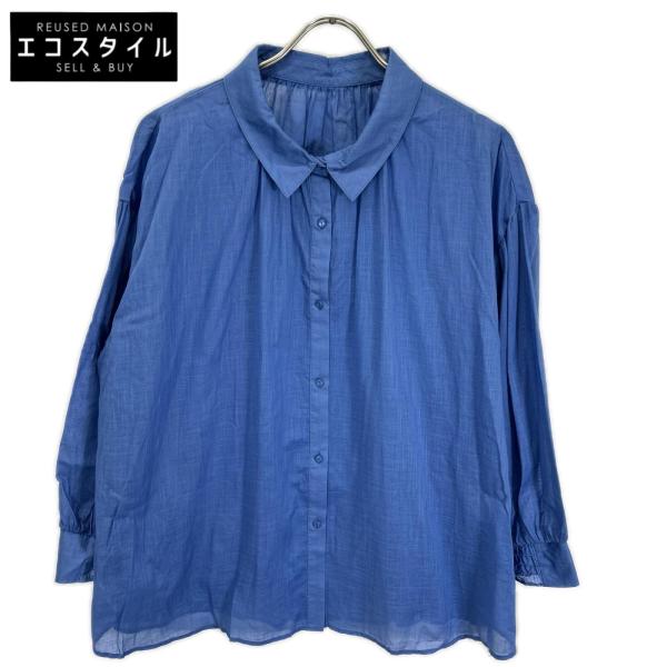 Leilian レリアン 1602088-33 ブルー コットン×リネン レギュラーカラー ギャザースリーブボタンシャツ ブルー 17 トップス コットン レディース 中古