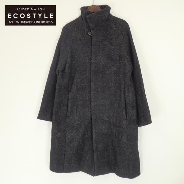 【美品】カズユキクマガイ へリンボン ツイード スタンドカラーコート グレー 1 wine-king_7777100000047976