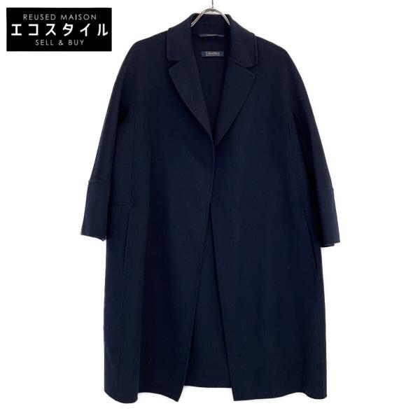 美品✨エスマックスマーラ シルク混 ノーカラーコート 40 ネイビー S MaxMara エスマックスマーラ 【Cucito A Mano】ネイビー ピュア