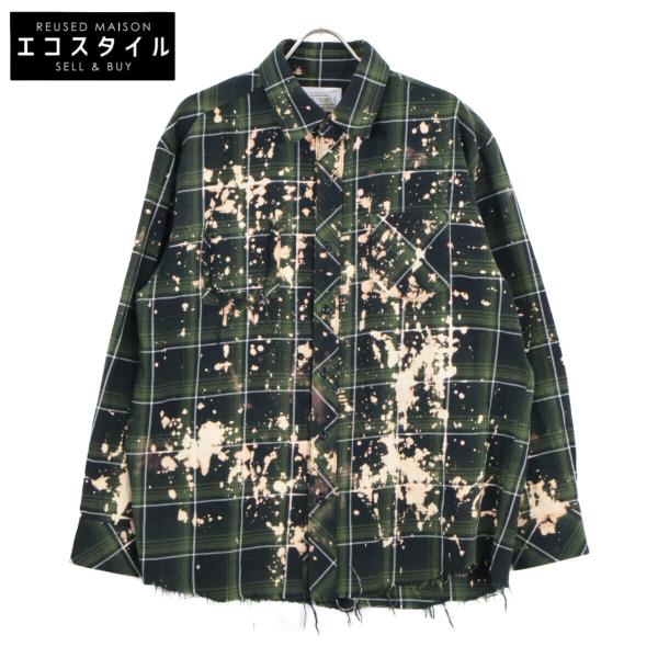 Rafu ラフ グリーン チェック柄 ブリーチ&ダメージシャツ L トップス