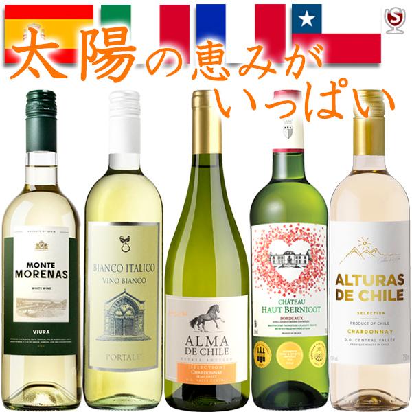 ワインセット　白ワイン　辛口　5本　国別飲み比べ　スペイン・イタリア・フランス・チリ　テーブルワイン　リーズナブル　金賞ワイン入り