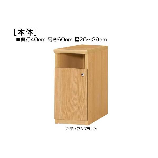 商品仕様■タイプ： 下部扉 標準棚板（棚板厚さ2.5cm）■棚板耐荷重： 15Kg■外寸： 奥行４０ｃｍ×高さ６０ｃｍ×幅２５〜２９ｃｍ （幅は1cm単位でオーダー）■棚板枚数　移動固定棚板：１■扉高（実寸）： 41.5cm■扉の開き： 片...