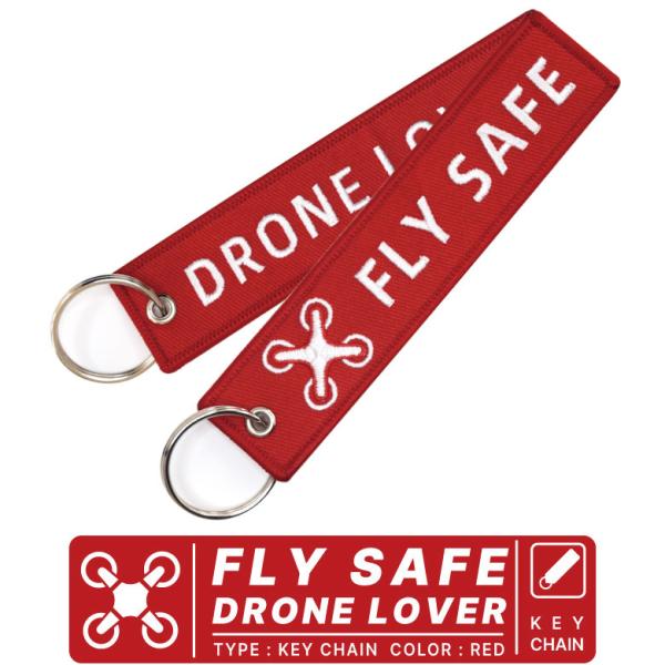 FLY SAFE DRONE LOVER ドローン フライトタグ カラー レッド 刺繍 タグ キーチェーン キーホルダー 航空 安全 無人 飛行機 グッズ アイテム