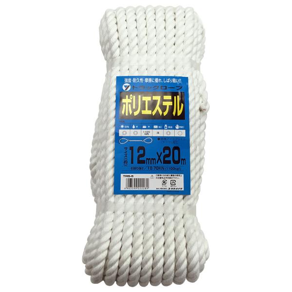 トラック荷役用のロープをコンパクトにシュリンクパックロープの先端は両端：サツマ（輪）加工中国製日光：◎水：◎熱：110℃以内水に：沈薬品：◎手触り：○材質／ポリエステル※ロープの引張強さとは、性状な状態のロープを所定の方法により引張った時に...