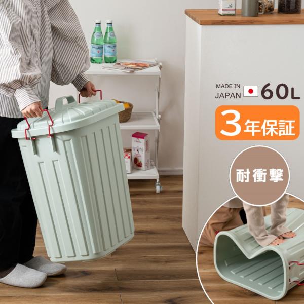 AZUMAYA(東谷) ゴミ箱 屋外 室内 大容量 60L 3年保証 耐衝撃 蓋付き ポリエチレン 約W36×D55.4×H62.2cm ブルーグレー 単品｜LFS-938BG(4985155241521)