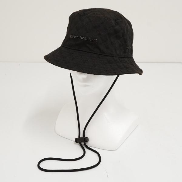 Emporio Armani アルマーニ メタルロゴ レザー バケットハット EMPORIO ARMANI エンポリオアルマーニ クロシェハット USED美品 帽子