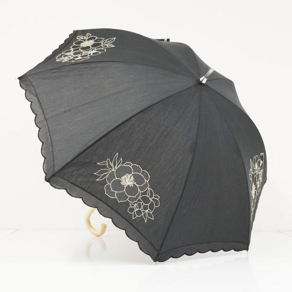 日傘 小原商店 USED超美品 晴雨兼用 ブラック フラワー スカラップ 刺繍 オーガンジー 遮光 UV グラス骨 47cm A4007