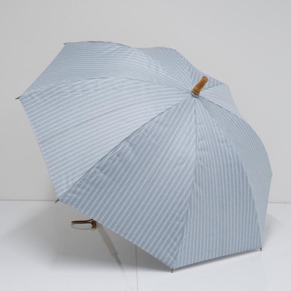 日傘 utatane ウタタネ USED品 晴雨兼用 一級遮光 ストライプブルー バンブー手元 ストレート タッセル付 グラス骨 UV 47cm S4314