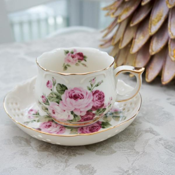 クリアランスsale!期間限定!クリアランスsale!期間限定!ティーカップ&ソーサー おしゃれ レース 薔薇 ピンク アニバーサリーローズ 食器、グラス、カトラリー ガラス製カップ&ソーサー ローズブーケ 花柄 エレガント クラシック おしゃれ ハーブティー 耐熱 薔薇
