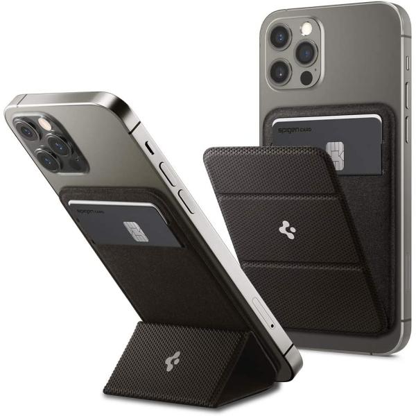 Magsafe対応 iPhone12 スマホ カードケース スマホスタンド 背面フォレット Spigen スマートフォールド AMP02766 / ガンメタル
