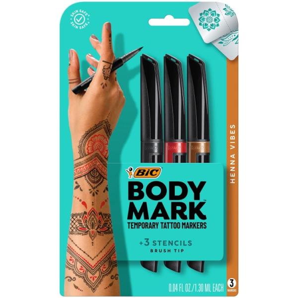 BodyMark by BIC テンポラリータトゥーマーカーで自分を表現しましょう!明るく長持ちする色の化粧品品質のタトゥーマーカーで、肌に安全な*デザインを作りましょう。*化粧品規制に準拠しています。すべての警告と指示に従ってください。敏...