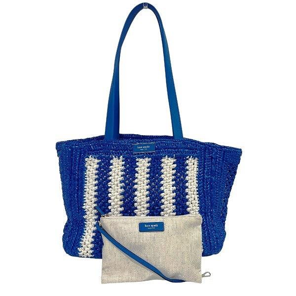 ケイト・スペード ブルー×ホワイト ストロー×レザー バッグ トート