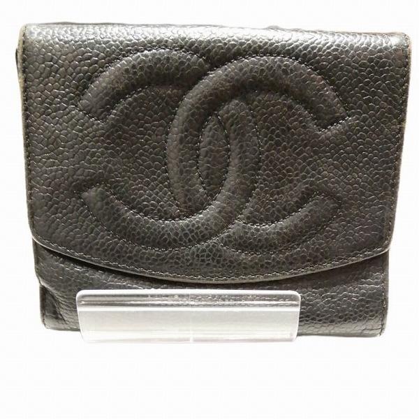 シャネル CHANEL キャビアスキン Wホック ココマーク ブラック 3つ折り