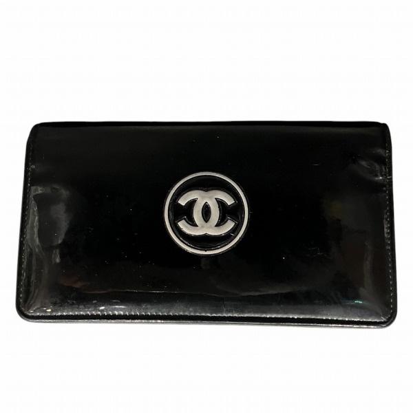 シャネル CHANEL ココマーク メイクアップ エナメル ブラック 長財布 2つ折り財布 レディース【中古】 CHANEL（シャネル） ココマーク メイクアップ エナメル ブラック 長