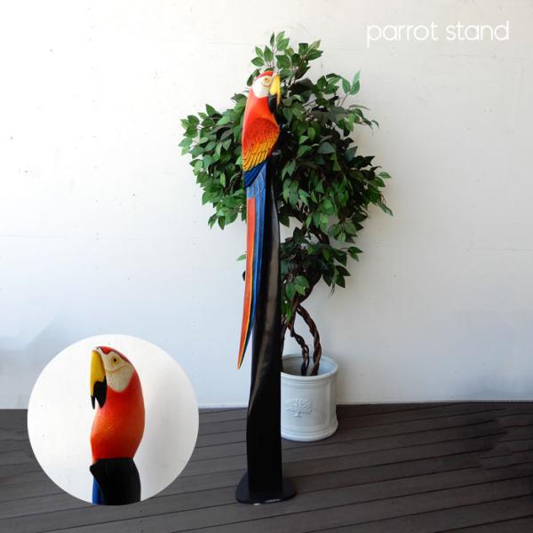 木彫りオウムLレッド オウム parrot パロット スタンドウッド wood