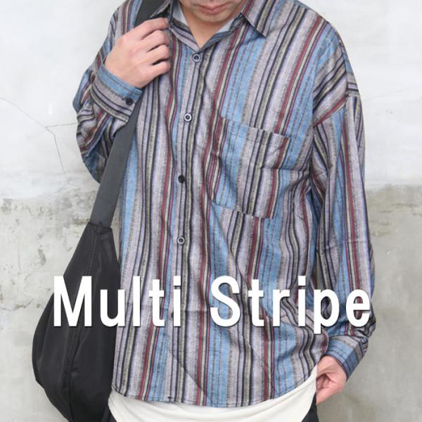 ストライプシャツ メンズ [M便 1/1] マルチストライプシャツ 長袖