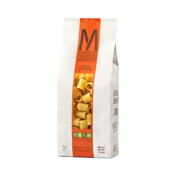 イタリア・マルケ州の自社農場で栽培されたデュラム小麦を100％使用。 「メッツェマニケ」はイタリア語で“半袖”を意味する、太めの筒状ショートパスタ。 表面に筋が入っていて、トマト系やクリーム系のソースがしっかり絡む！ ブロンズダイス仕上げに...