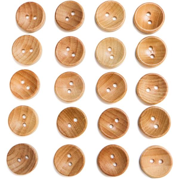 ●【サイズ】直径約12.5mm　【数 量】20個　【1粒の厚み】約3.5mm　【1粒の重さ】約0.3g●【ボタンの形】二つ穴ボタン　【材 質】木●【カラー】ブラウン　【模様について】両面に木目模様があります。●【特 徴】中心に向かってへこん...