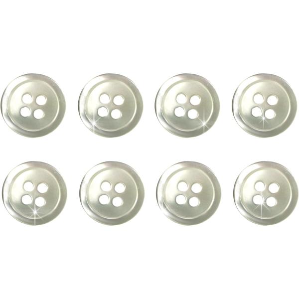 ●【サイズ】直径約12.5mm　【数量】8個　【一粒の厚み】約1.5mm　【一粒の重さ】約0.4g●【ボタンの形】四つ穴ボタン　【材質】貝製●【カラー】ホワイト　【模様について】表面に、虹色に淡く光る高瀬貝を使用しています。裏面は高瀬貝特有...
