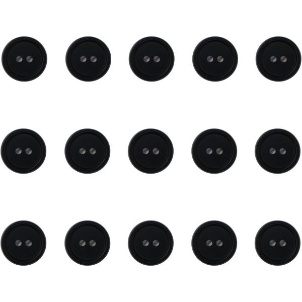 ●【サイズ】直径約12mm●【数量】15個入り●【カラー】ブラック ツヤなし●【ボタンの形】二つ穴ボタン　【材質】樹脂●【用途】お手持ちの衣類のイメージチェンジや、ボタンの取れてしまった服の交換用として。