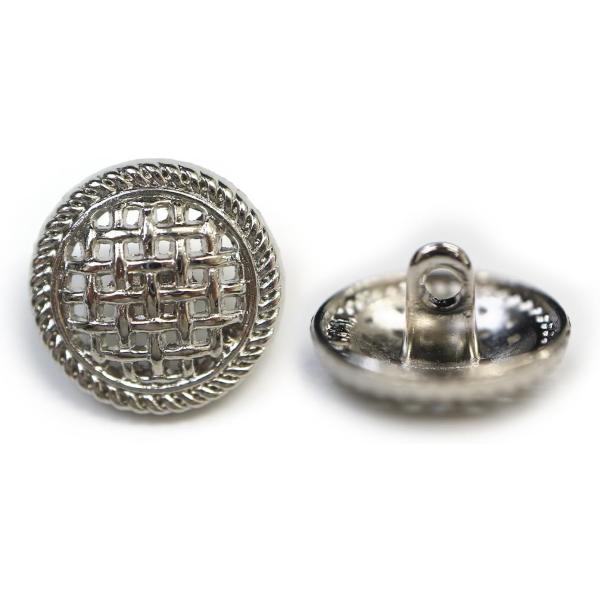 ●【サイズ】直径約15mm　【数量】12個　【1粒の重さ】約1.4g●【材質】金属●【カラー】シルバー●【ボタンの形】足つきボタン 網目 波型フチ●【特 徴】少しふくらみのある円状で、金属特有のツヤ感があります。網目部分は穴が空いています。