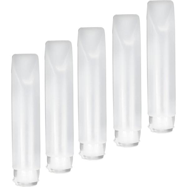 【ボトルサイズ】約26x127mm【フタ部分サイズ】約20mm【ねじ口部分サイズ】約12mm【カラー】半透明ホワイト【材質】LDPE（ポリエチレン）【容量】50ml【数量】5個【特徴】中身を押し出しやすいチューブ容器です。