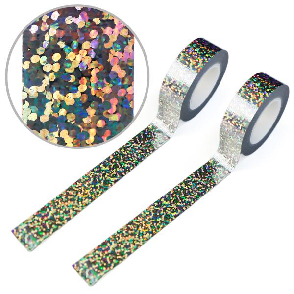●【サイズ】テープサイズ：約15mm　　長さ：約5M　　紙管サイズ：約25mm●【素　材】布製ガムテープ+フィルム●【カラー】銀（シルバー）●【内容量】2巻入り●【特　徴】ホログラム加工が表面に施された、キラキラ光るテープです。デコレーショ...