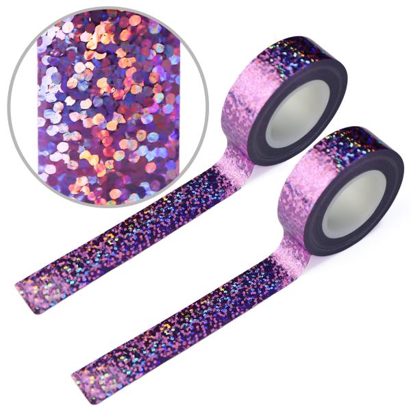 ●【サイズ】テープサイズ：約15mm　　長さ：約5M　　紙管サイズ：約25mm●【素　材】布製ガムテープ+フィルム●【カラー】ライトパープル●【内容量】2巻入り●【特　徴】ホログラム加工が表面に施された、キラキラ光るテープです。デコレーショ...