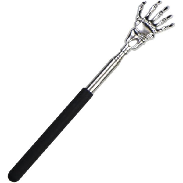 【サイズ】最短約21cm、最長約57cm【カラー】金属部分：シルバー、柄：ブラック【材質】金属、ゴム【特徴】痒いところに手が届く、伸縮性のある孫の手です。