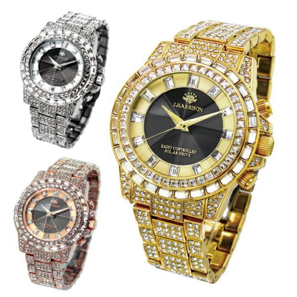 動作品 J.HARRISON JH-025 ソーラー電波時計 シルバー系 カットガラス