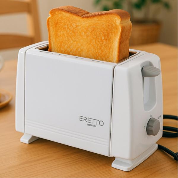ポップアップトースター 2枚焼き パン焼き器 600W ダイヤル調整 6枚切り 8枚切り対応 コンパクト スリム 軽量 ホワイト 朝食 パン焼き機 1年保証