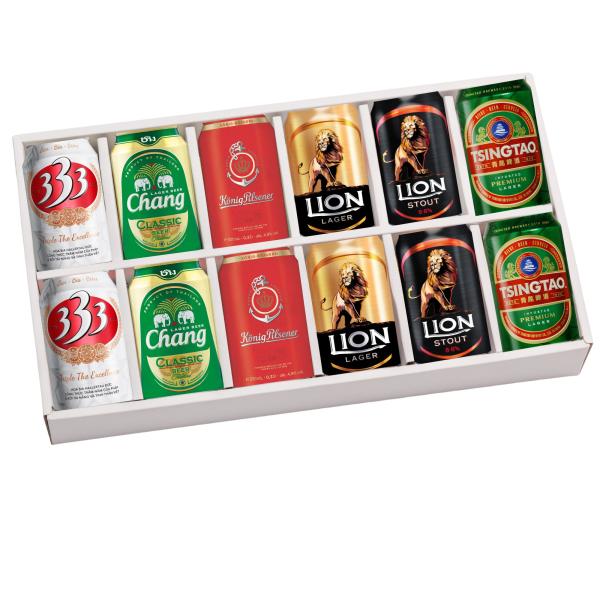世界の缶 ビール ギフト BOX 6種 外箱付 330ml 12本 缶 チャーン 青島 333 ライオン スタウト ラガー ケーニッヒ プレゼント 贈り物
