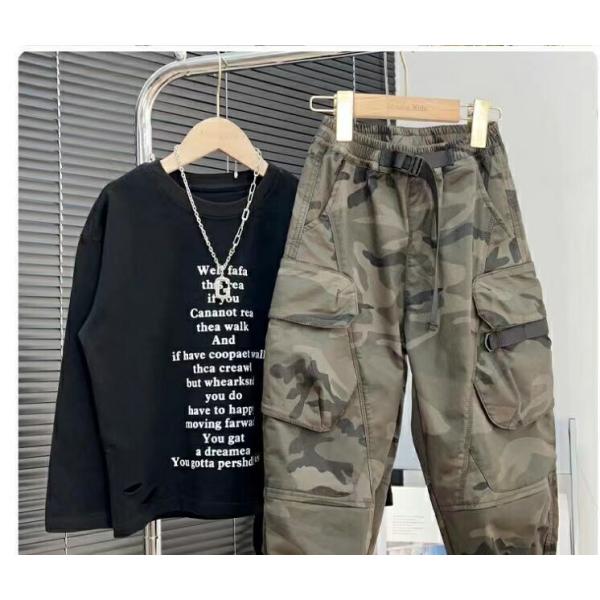 キッズ パンツ ポケット カーゴパンツ 男の子 春秋 ロングパンツ 長ズボン ゆったり 迷彩柄 子供服 子ども服  ウエストゴム KTFC096(110-170)