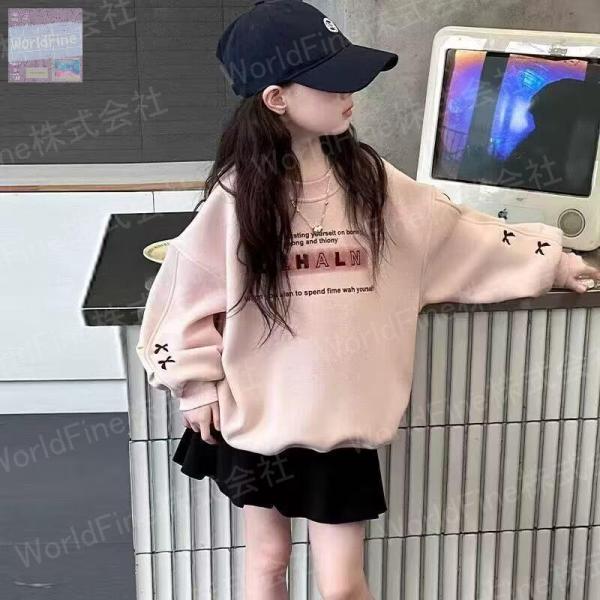 トレーナー 薄手 キッズ 子供服 長袖 リボン柄 英文字スウェット 丸首 トレーナーキッズ キッズトレーナー 女の子 秋服 春服 KUGA117(2色120-170)