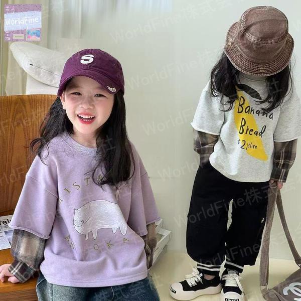 キッズ 子供服 Tシャツ トップス 重ね着風 ロングTシャツ キッズロンT 女の子の服 女の子洋服 チェック柄 子供の服 秋Tシャツ KUGA129(2色90-160)