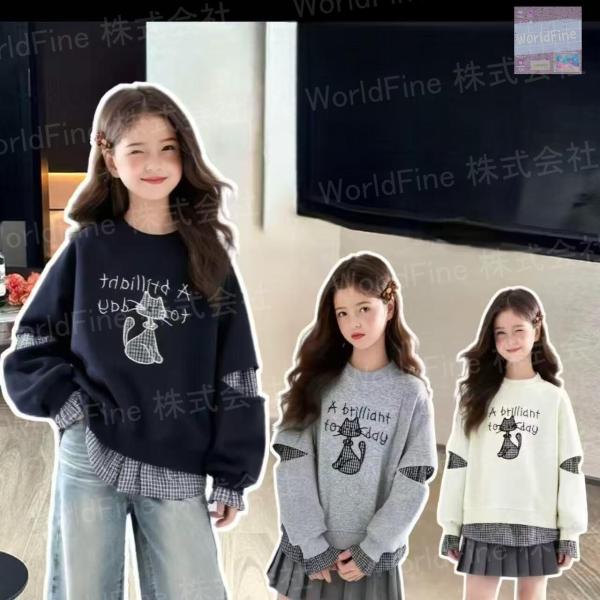 トレーナー 薄手 キッズ 子供服 長袖 スウェット 猫柄 トレーナーキッズ 丸首 キッズトレーナー 女の子 秋服 春服 ゆったり  KUGA141（3色110-170）