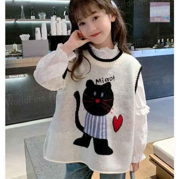 ニットベスト キッズ 子供服 トップス ノースリーブ キッズベスト カジュアル 女の子 猫柄 可愛い 秋服 冬服 ゆったり 丸首 長袖 KUGA151（110-170）