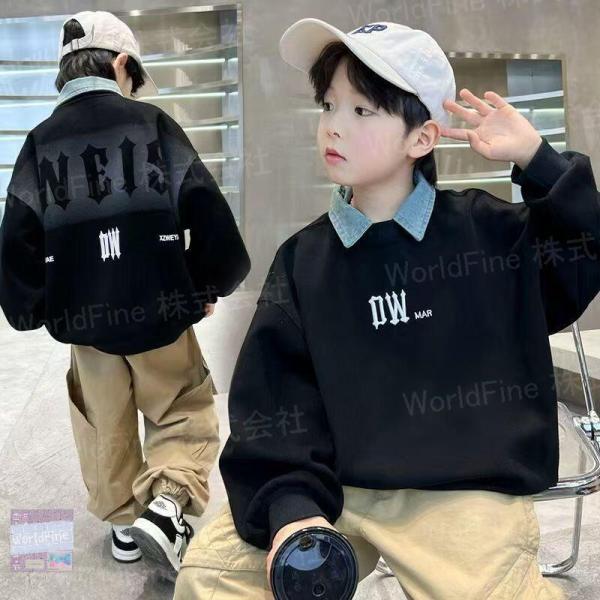 トレーナー キッズ 子供服 重ね着風 トップス カジュアル デニム襟 男の子 秋服 春秋 ゆったり ジュニア 長袖 薄手 英文字 子供服  KUGA154（80-170）
