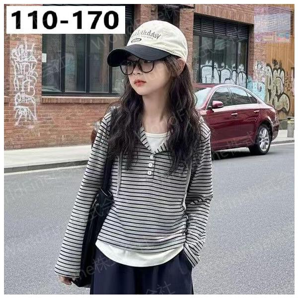 子供服 女の子 Tシャツ 長袖 重ね着風 ボーダー 襟付き フード付 110-170cm キッズ ジュニア 春 秋 ゆるカジ 通学 普段着 おしゃれ KUHA012(110-170)