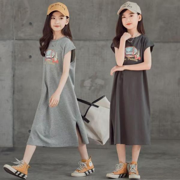 ワンピース キッズ Tシャツワンピース ロングワンピース 半袖 薄手 ジュニア おしゃれ 夏 丸首 子供服 ロゴ 可愛い KWGA018(2色130-170)