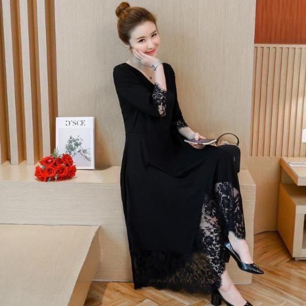 レディース ロングワンピース レディースワンピース マキシワンピース 七分袖 ゆったり レース 夏 ロング丈 Vネック 袖フリル 裾フリル エレガント