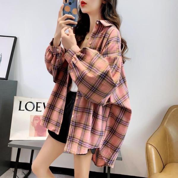 ロングシャツ コート 春秋レディース 長袖 通勤 ゆったり 大きいサイズ チェック柄　(5色S-2XL)LCBA001